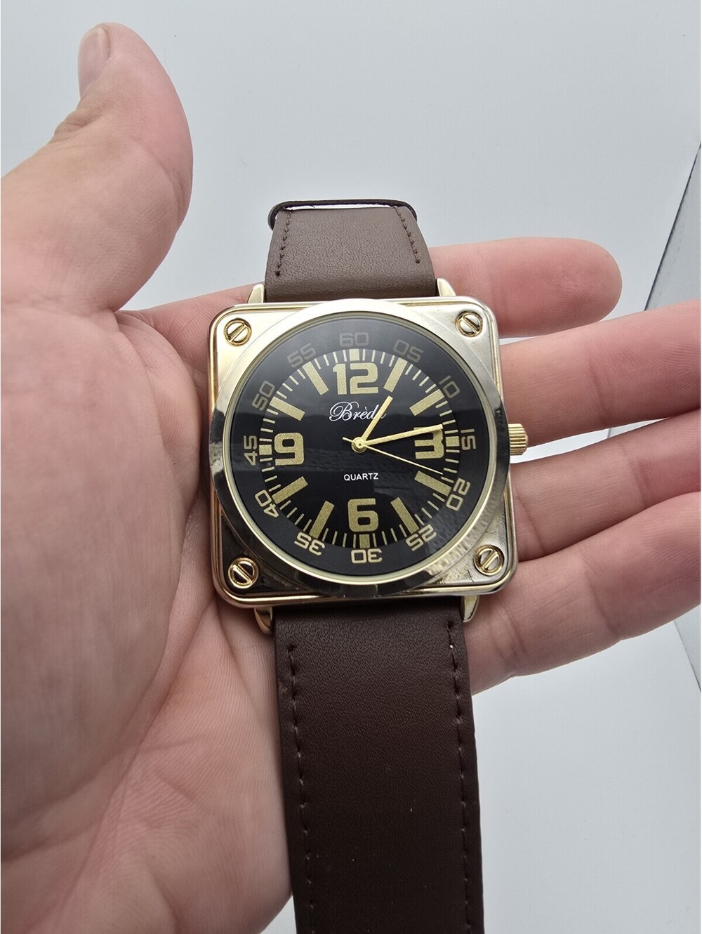 Breda 7213 Mens Watch Black Dial Gold Tone Square Case Brown Leather Strap 45mm